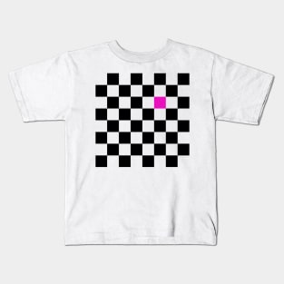 Checkered Black and White with One Hot Pink Square Kids T-Shirt